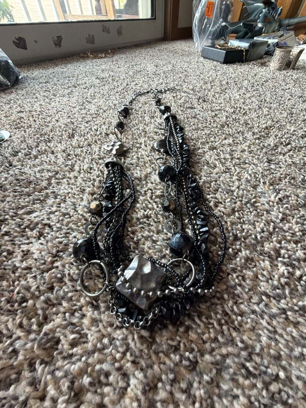 Multi-Strand Gunmetal and Black Bead Statement Necklace (J-053)